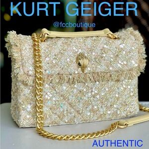KURT GEIGER Metallic thread SEQUINED Tweed shoulder / crossbody bag Champagne
